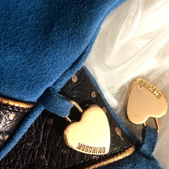 💙✨ MOSCHINO ✨💙 Leather & Cashmere Gloves w/ Metal Heart & gold fleck accents - Picture 11 of 16